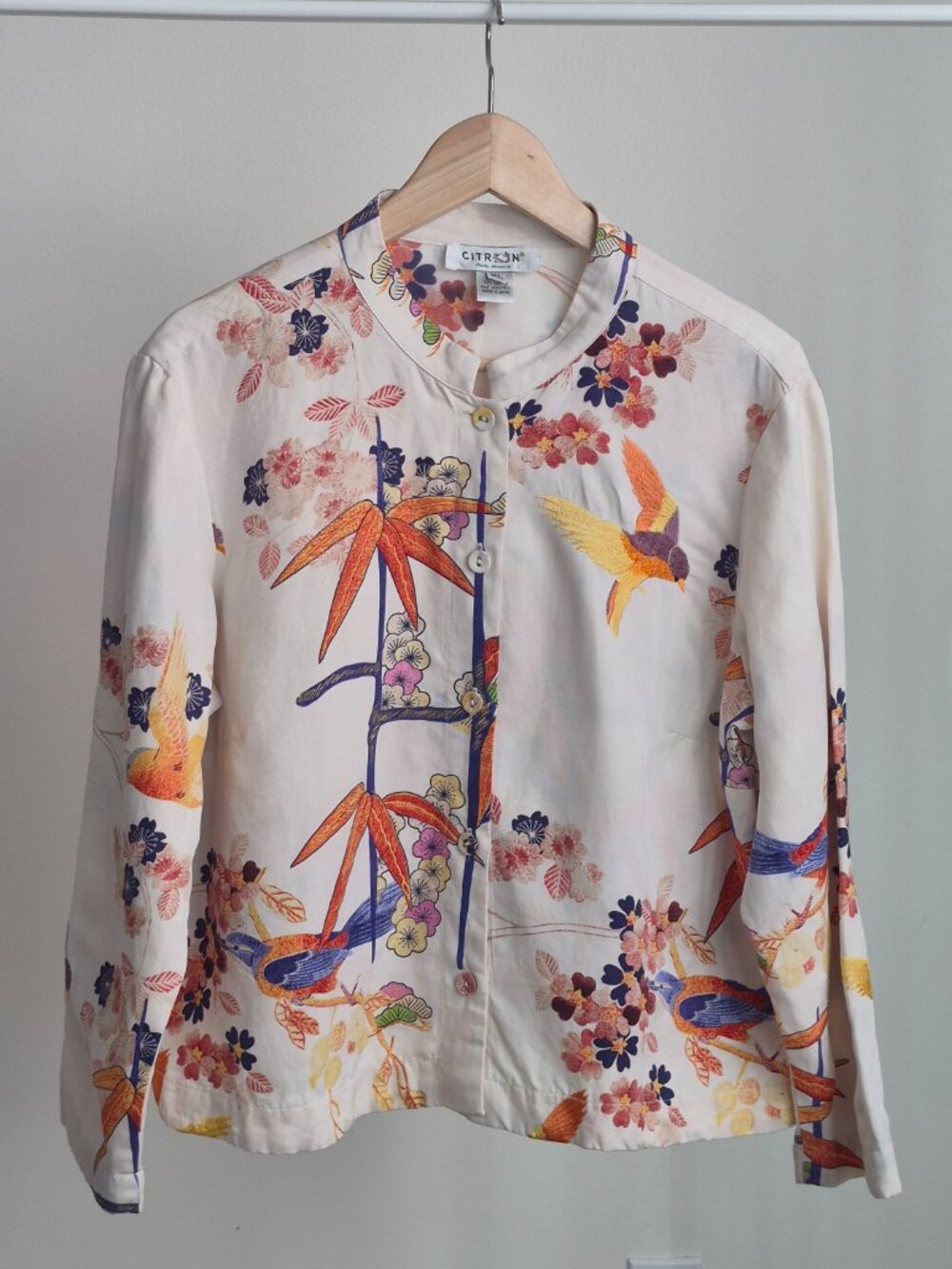 Citron Santa Monica Women’s XL Cotton Silk Embroidered Bird Floral Jacket Blouse